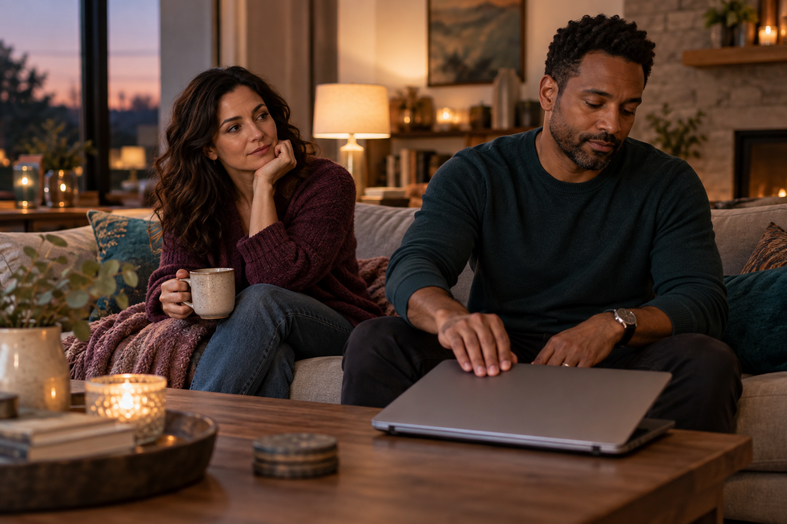 Couple sitting together at home as they make time to talk despite competing schedules