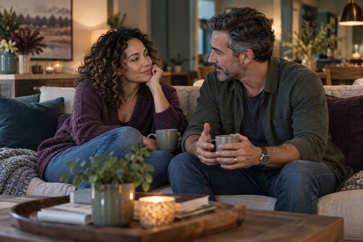 Partners talking and listening to one another over coffee at home