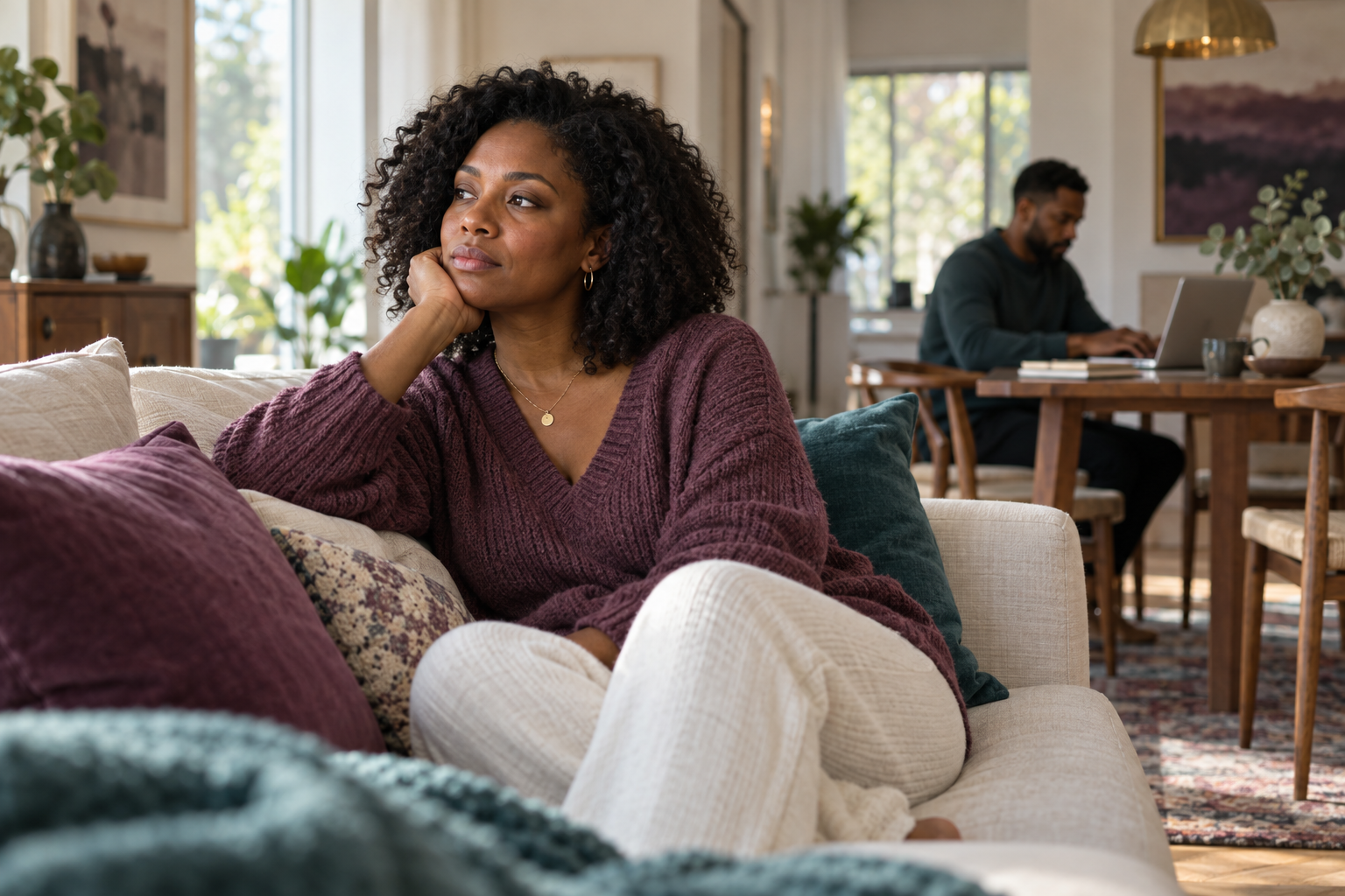 Woman feeling distant while her partner works at a laptop in their shared home