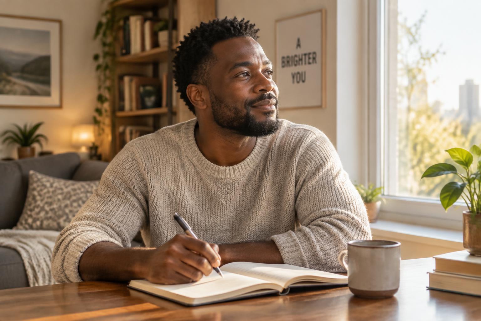 Man journaling between online counseling sessions to track progress and practice new coping skills
