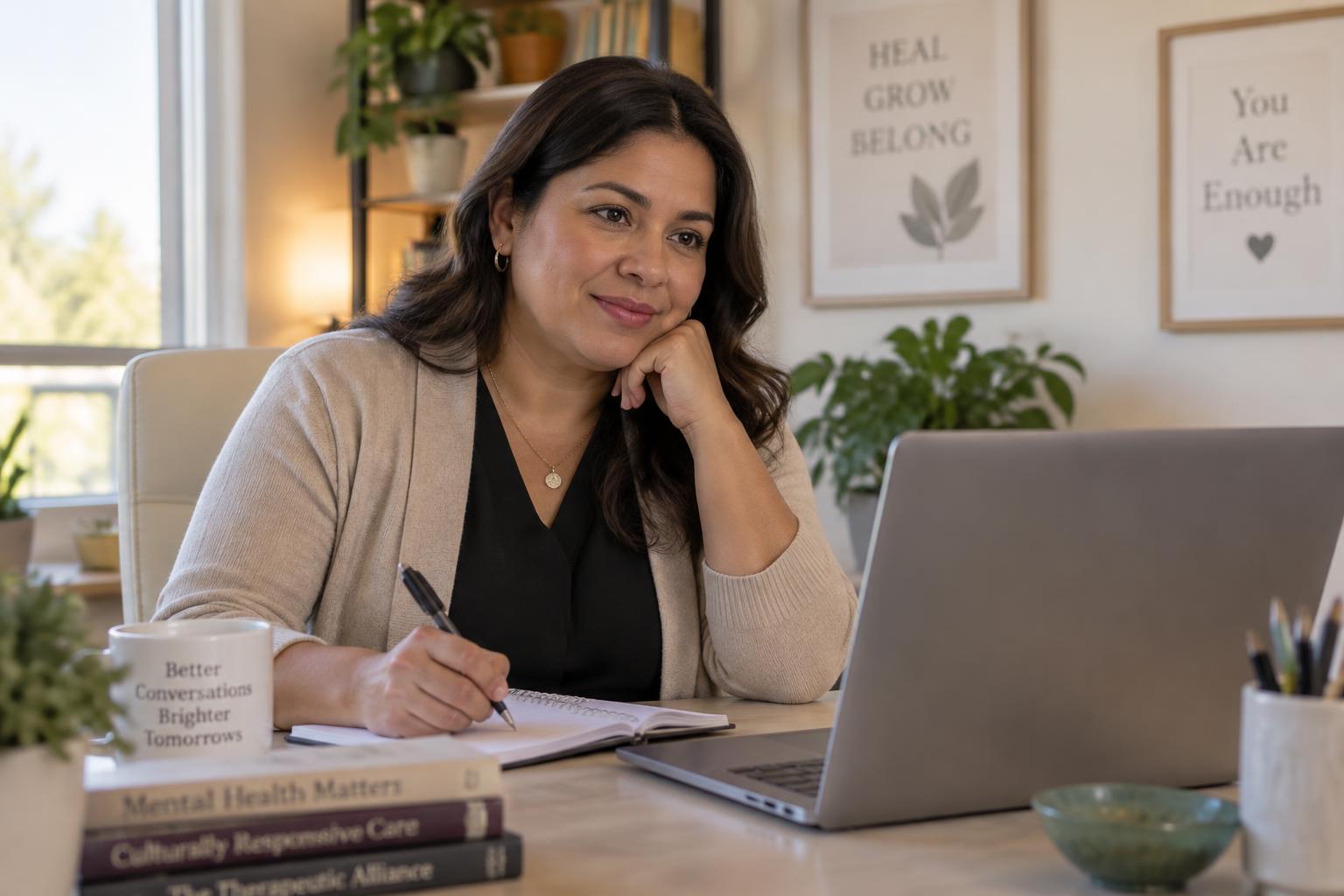 Therapist listening attentively during an online mental health counseling session with a client